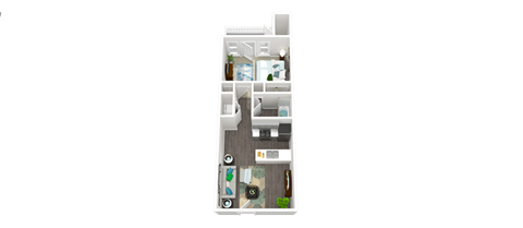 A 3D floor plan of a small apartment with a kitchen, living room, and bathroom.